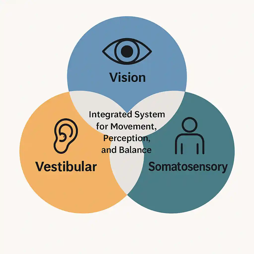 Venn diagram showing how vision, balance, and body awareness work together as one system for movement and perception